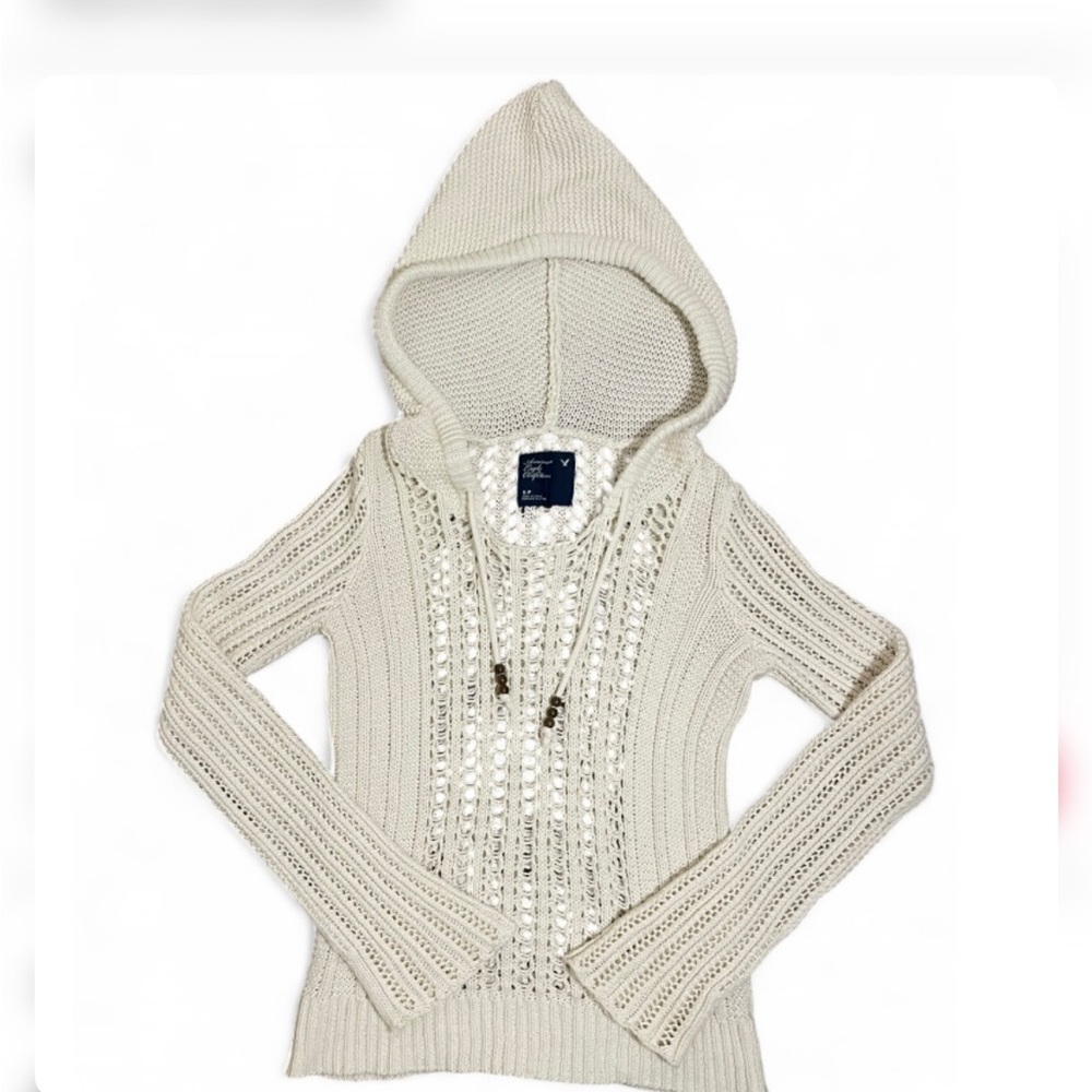 AE Cream Crochet Pullover Hoodie with Beads Detail